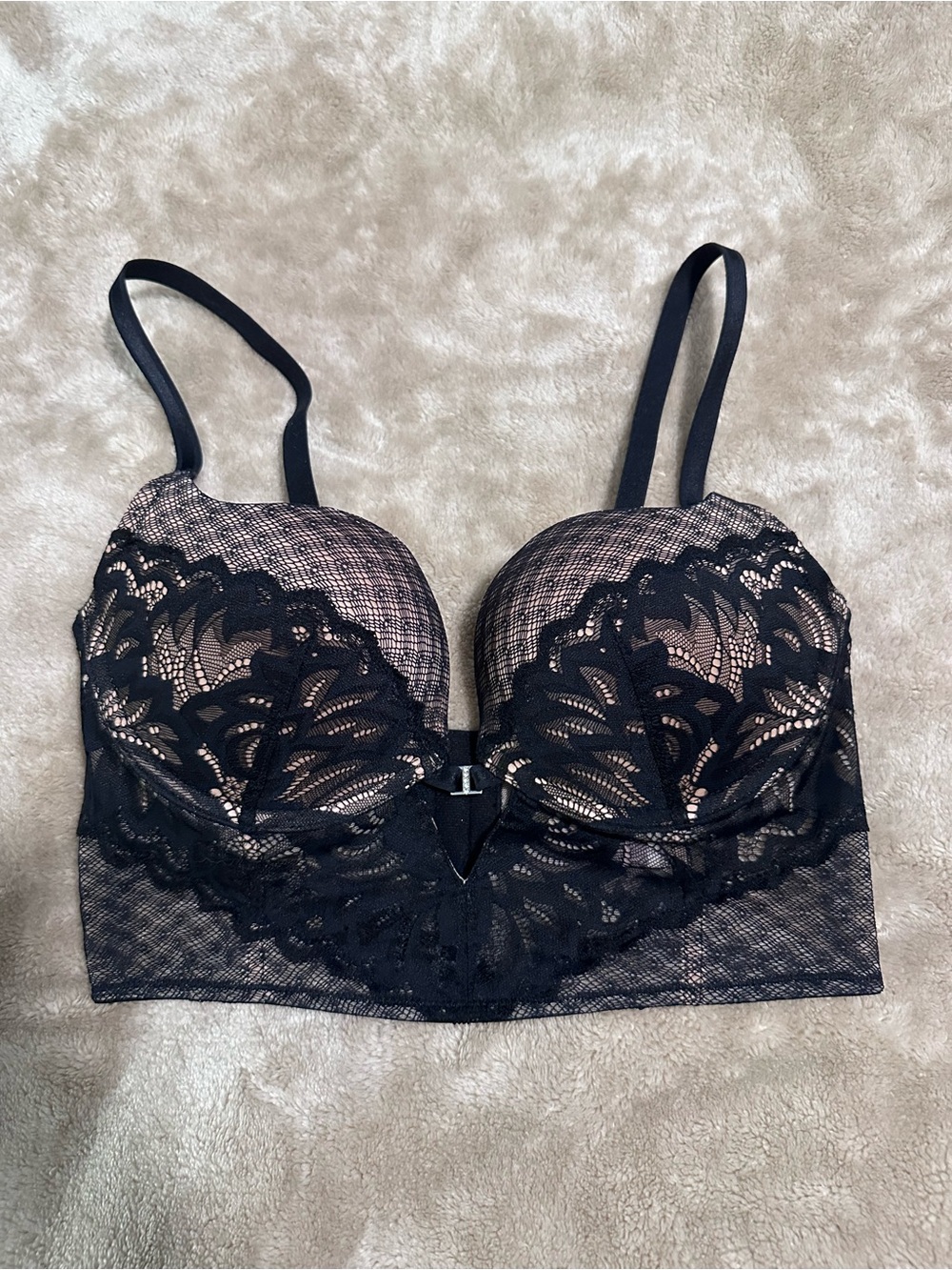 Adore Me Black Lace Longline Bralette with Nude Lining